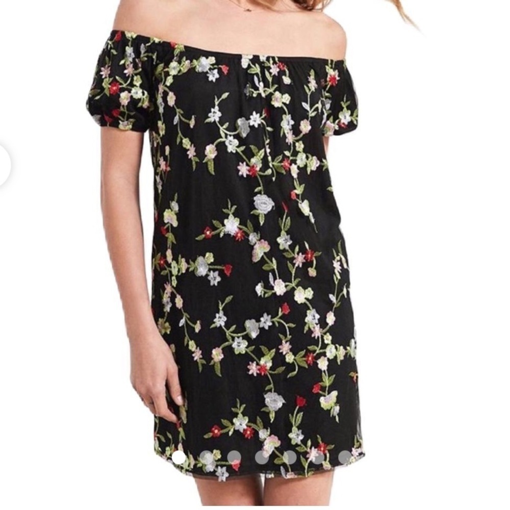 Urban Outfitters Kimchi Black embroidered Floral Off Shoulder Mini Dress XS